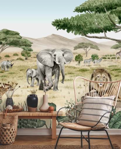 animais de safari em um papel de parede de savana