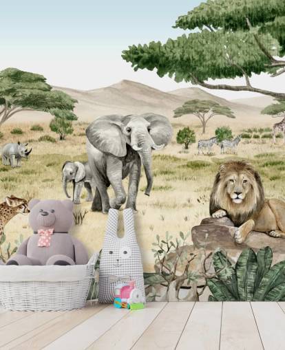 animais de safari em um papel de parede de savana