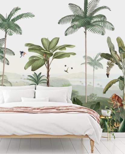 leafy green jungle with animals wallpaper