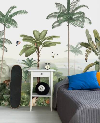 leafy green jungle with animals wallpaper