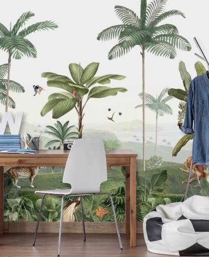 leafy green jungle with animals wallpaper