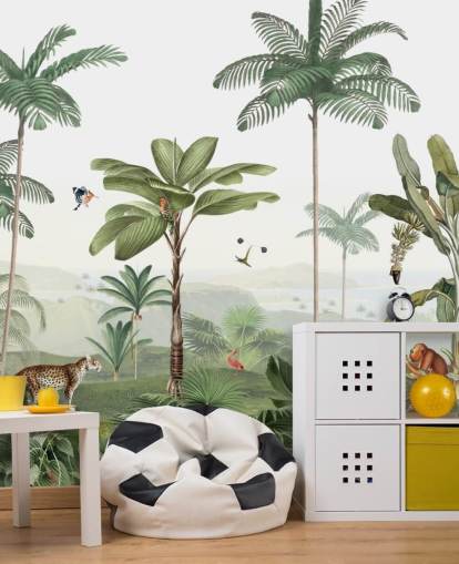 papel de parede de selva verde frondosa com animais