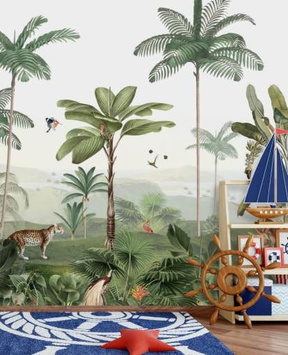 leafy green jungle with animals wallpaper