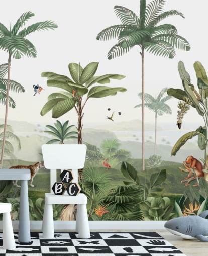 papier peint jungle verte feuillue avec animaux papier peint jungle verte feuillue avec animaux