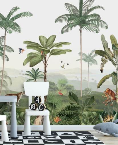 papel de parede de selva verde frondosa com animais