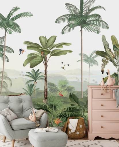 papier peint jungle verte feuillue avec animaux papier peint jungle verte feuillue avec animaux