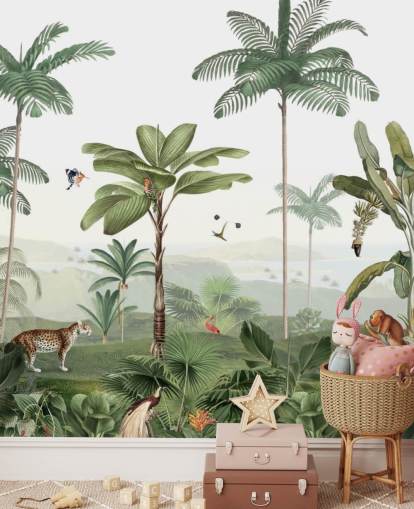 leafy green jungle with animals wallpaper