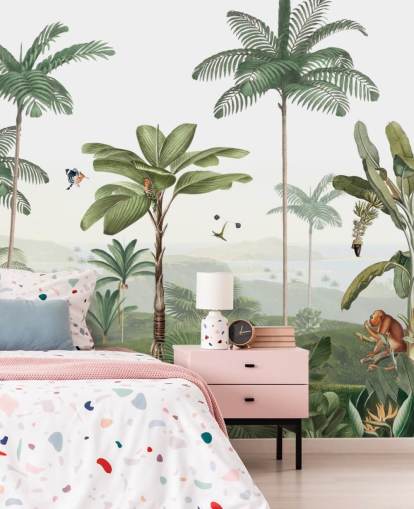 papel de parede de selva verde frondosa com animais