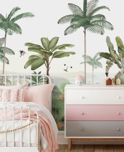 leafy green jungle with animals wallpaper