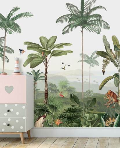 leafy green jungle with animals wallpaper