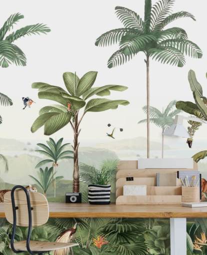 leafy green jungle with animals wallpaper