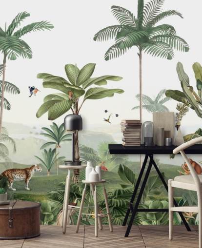 fondo de pantalla de jungla verde frondosa con animales