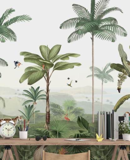 leafy green jungle with animals wallpaper