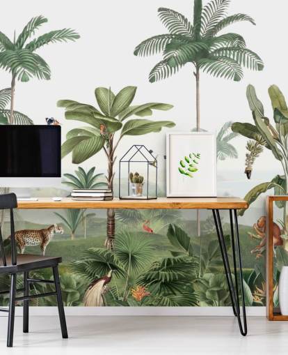 leafy green jungle with animals wallpaper