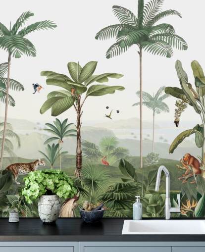 papier peint jungle verte feuillue avec animaux papier peint jungle verte feuillue avec animaux