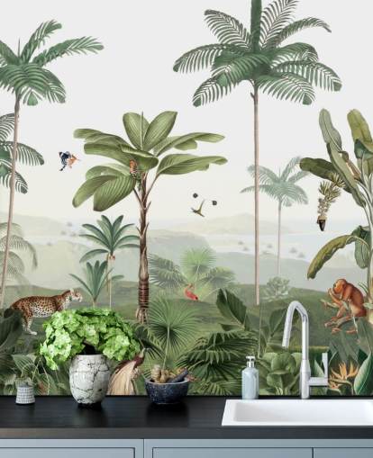 fondo de pantalla de jungla verde frondosa con animales