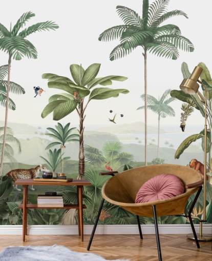 leafy green jungle with animals wallpaper