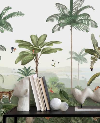 leafy green jungle with animals wallpaper