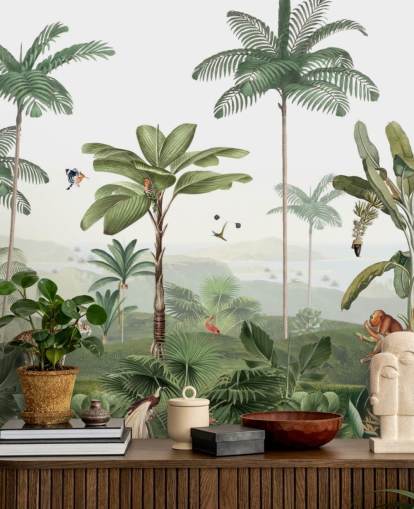 fondo de pantalla de jungla verde frondosa con animales