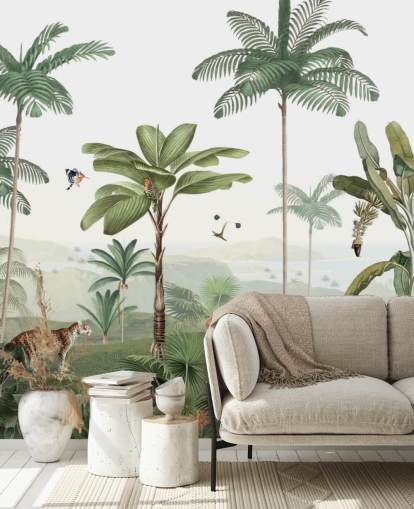 papier peint jungle verte feuillue avec animaux