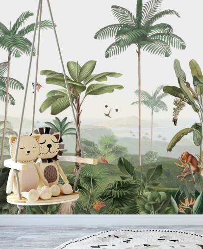 leafy green jungle with animals wallpaper