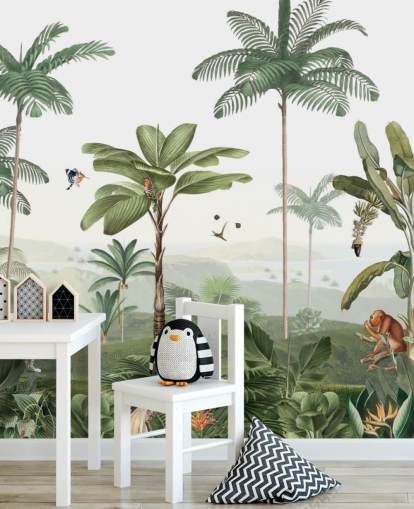 papel de parede de selva verde frondosa com animais