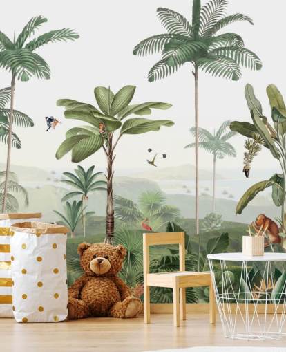 papel de parede de selva verde frondosa com animais