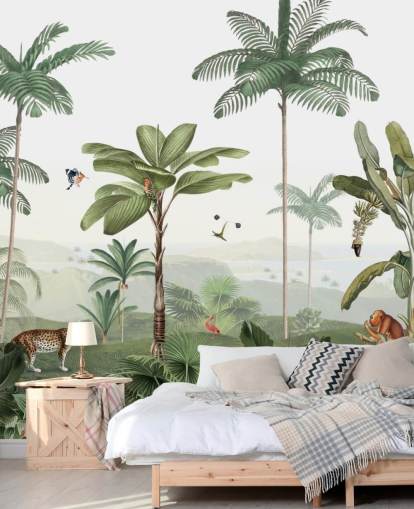 papier peint jungle verte feuillue avec animaux