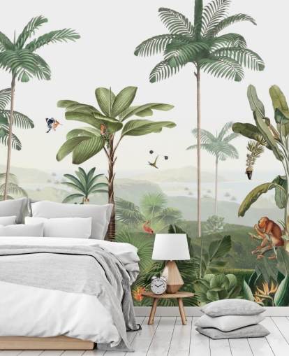 leafy green jungle with animals wallpaper