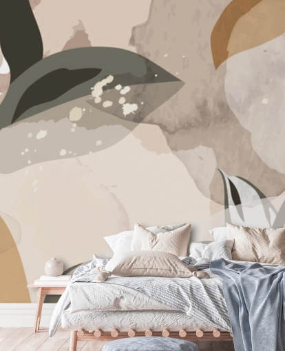 carta da parati foglie astratte beige e marrone