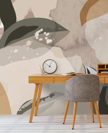 beige og brune abstrakte blader tapet