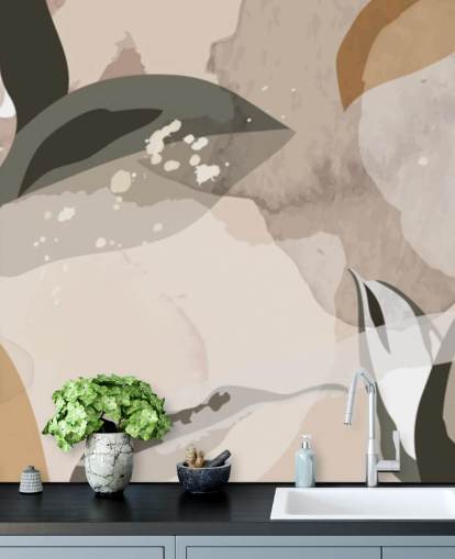 carta da parati foglie astratte beige e marrone