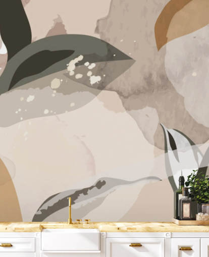 beige en bruin abstracte bladeren behang