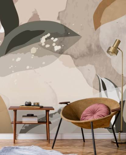 beige en bruin abstracte bladeren behang