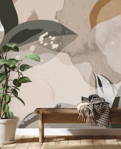 beige en bruin abstracte bladeren behang