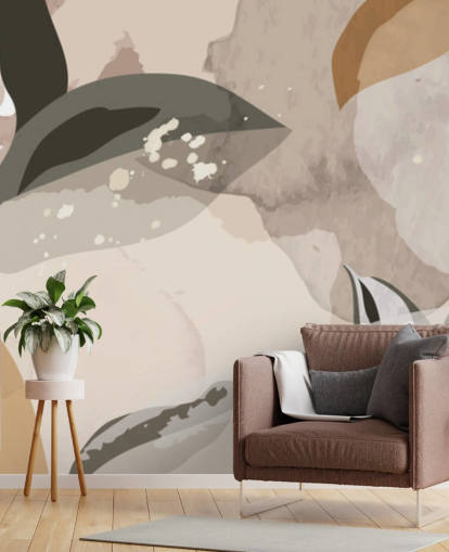 folhas abstratas bege e marrom papel de parede