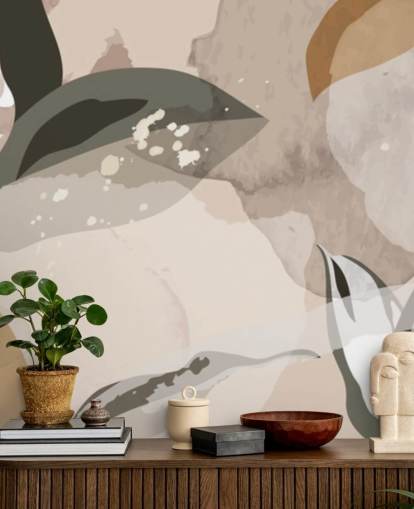 beige en bruin abstracte bladeren behang