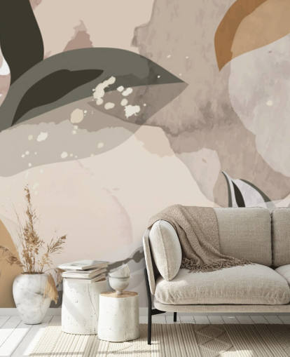 beige en bruin abstracte bladeren behang