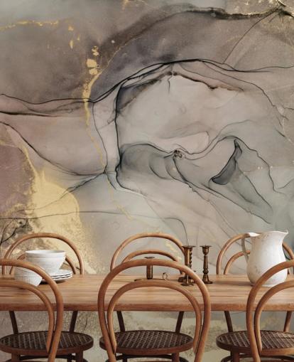 papel de parede com efeito de mármore cinza esfumaçado e roxo e dourado