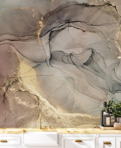 smoky grey and purple and gold marble effect wallpaper