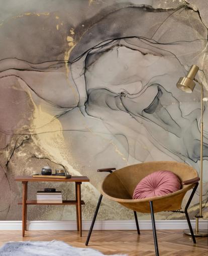 rokerig grijs en paars en goud marmereffect behang