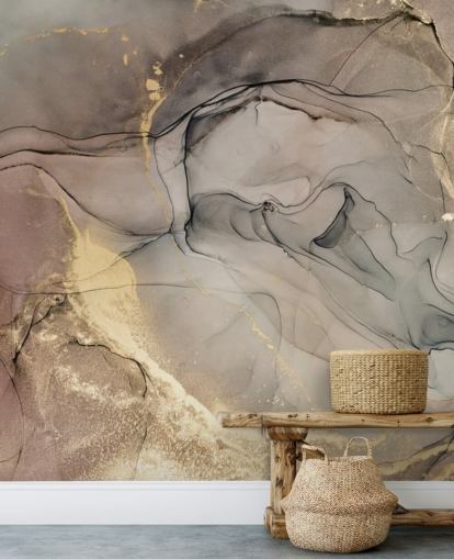 rokerig grijs en paars en goud marmereffect behang