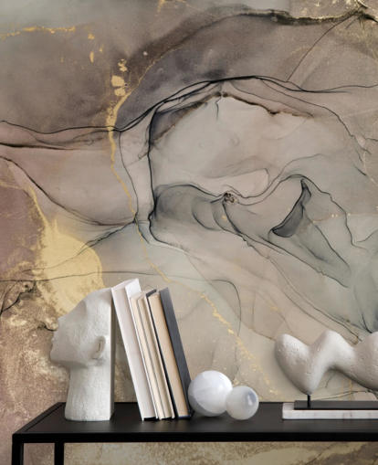 papel pintado efecto mármol gris ahumado y morado y dorado