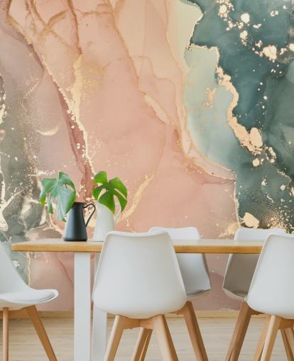 pasteltinten in roze en groene aquarelbehangmuurschildering genaamd Pastel Hues voor slaapkamers, badkamers en keukens