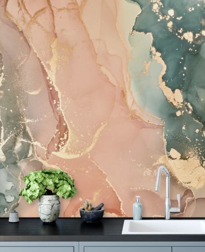pasteltinten in roze en groene aquarelbehangmuurschildering genaamd Pastel Hues voor slaapkamers, badkamers en keukens