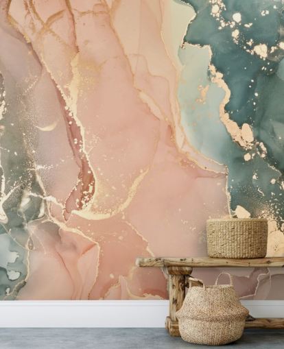 mural de papel pintado de acuarela en tonos pastel en rosa y verde llamado Pastel Hues para dormitorios, baños y cocinas