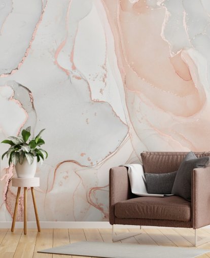 gebroken wit en perzikroze marmeren behang