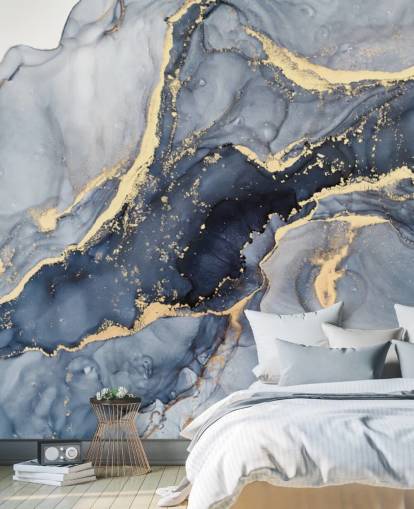 mural de papel de parede de mármore personalizável em azul escuro e dourado chamado Beautiful Blue para cozinhas ou banheiros mural de papel de parede de mármore personalizável em azul escuro e dourado chamado Beautiful Blue para cozinhas ou banheiros