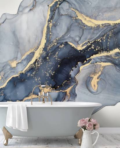 mural de papel pintado de mármol personalizable azul oscuro y dorado llamado Beautiful Blue para cocinas o baños