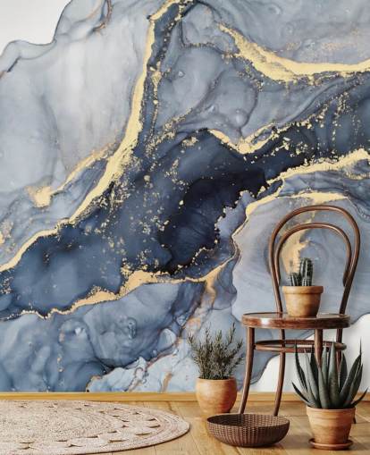 donkerblauwe en gouden aanpasbare marmeren behangmuurschildering genaamd Beautiful Blue voor keukens of badkamers donkerblauwe en gouden aanpasbare marmeren behangmuurschildering genaamd Beautiful Blue voor keukens of badkamers